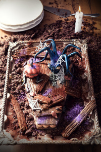 Spooky and spider coffin cake façon number cake -  pâte sucrée miel et mélasse, ganache montée chocolat et gelée à la courge
©Photographie et stylisme culinaire Qui a volé les tartes ?